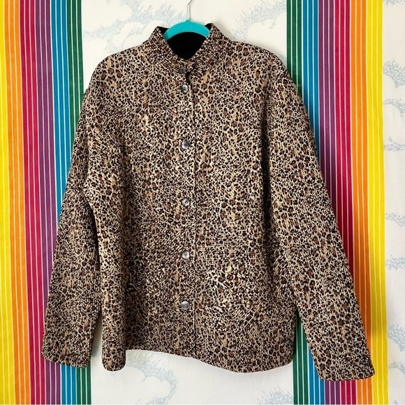 VINTAGE leopard print black reversible pleated lightweight button front jacket - Picture 1 of 5